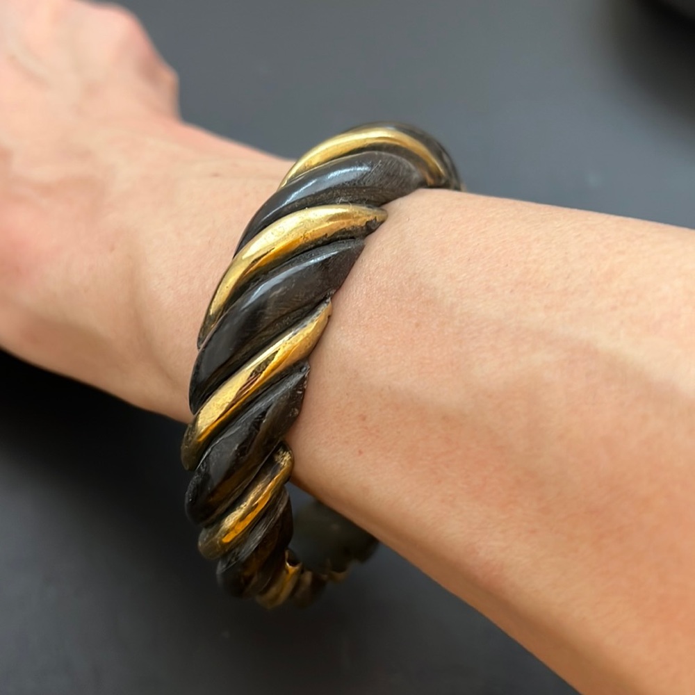 Vintage Plastic Bangle Bracelet, Black, Gold, Scalloped, Braided, Boho, Retro